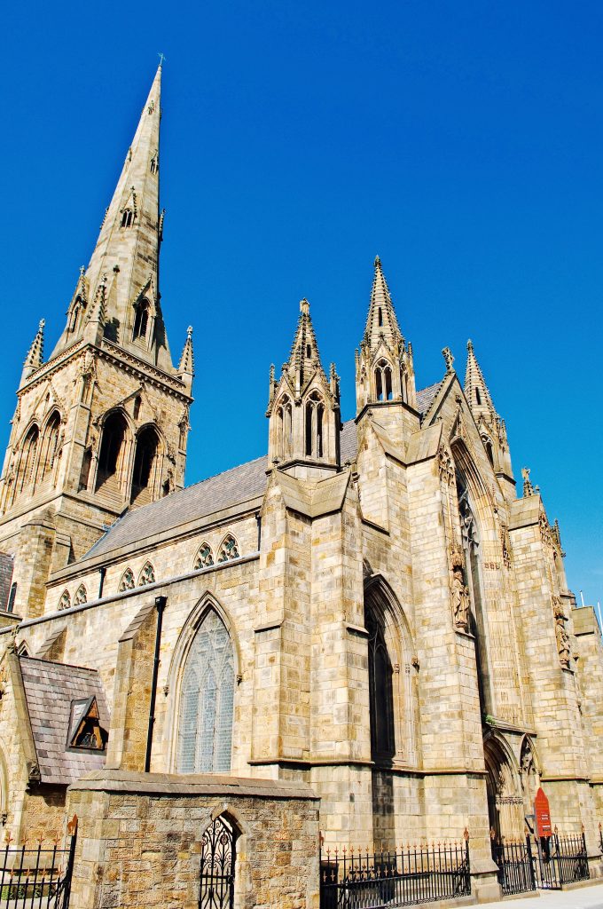 A photo of Salford Cathedral, St.John the Evangelist, from Salford Crescent, Greater Mancehster