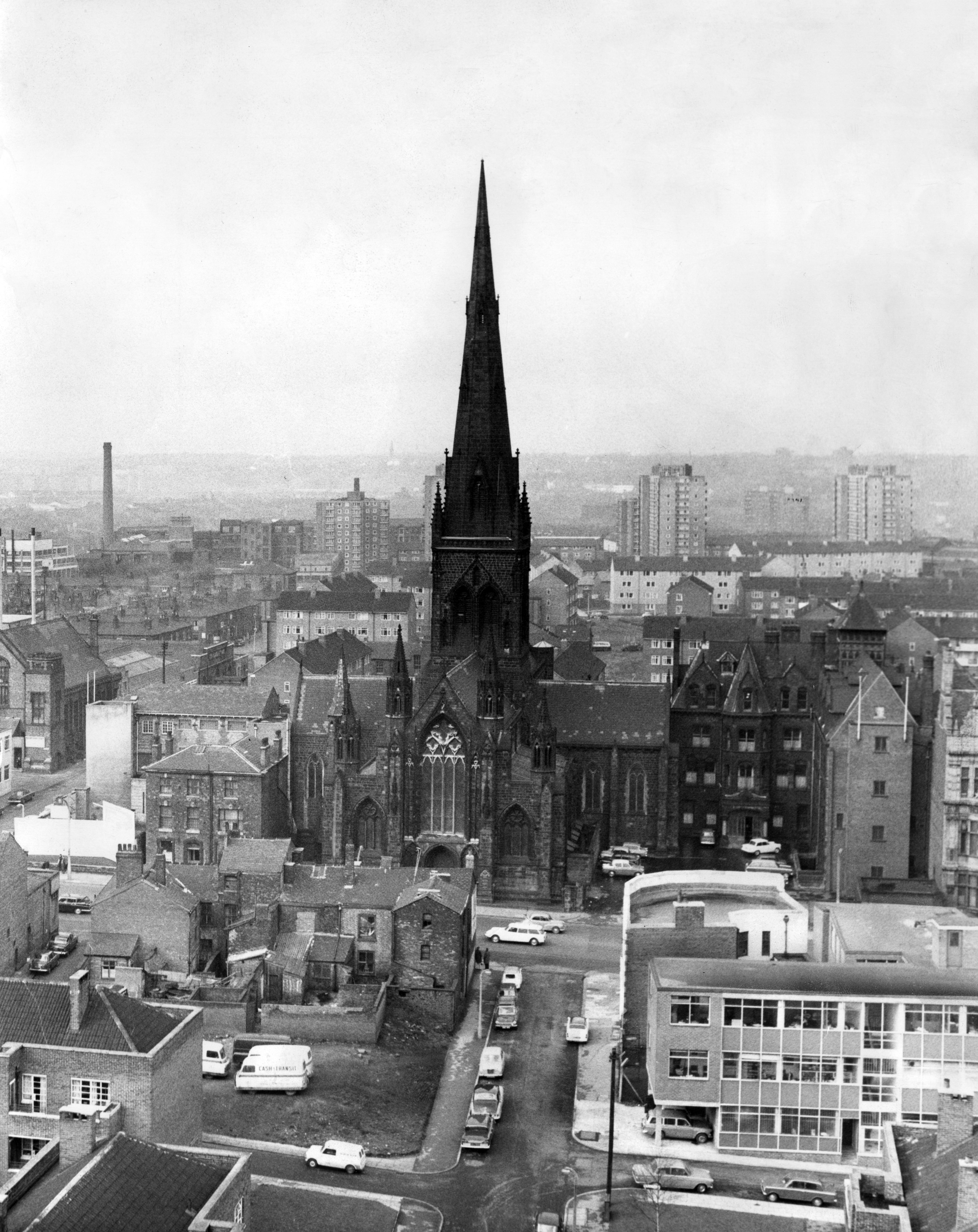 A Photo of Salford Cathedral, Manchester. 24th June 1967. The Cathedral Church of St. John the Evangelist, usually known as Salford Cathedral, is a Roman Catholic cathedral in the City of Salford in Greater Manchester, England.