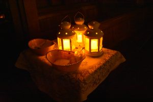 Lanterns lit inside the cathedral