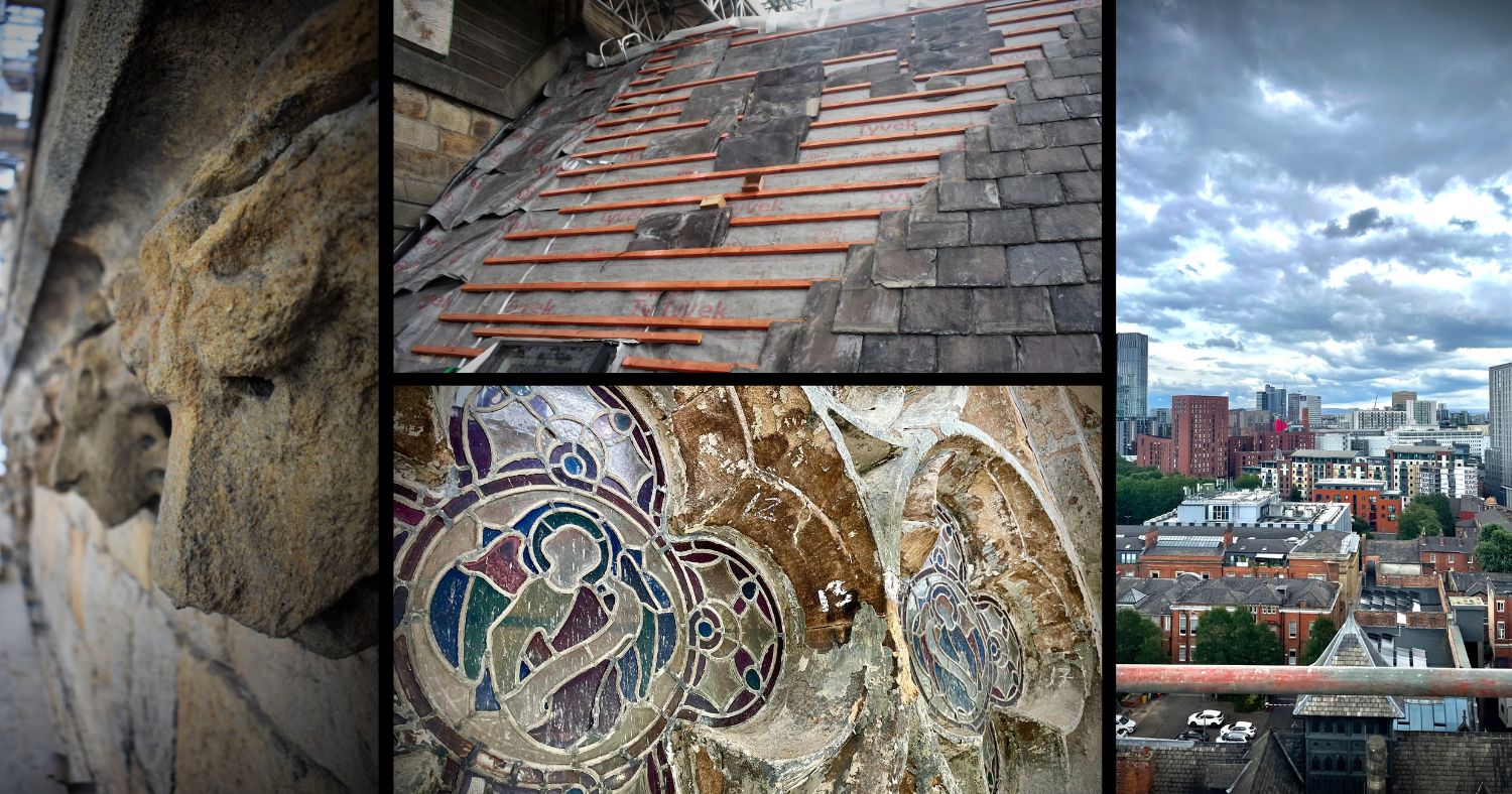 Photo collage: Photo 1 shows a row of gargoyles on the exterior of the cathedral; photo two shows the slates being replaced on the roof, photo 3 is a close of one of our stained glass windows; photo 4 is the view from the top of the scaffolding